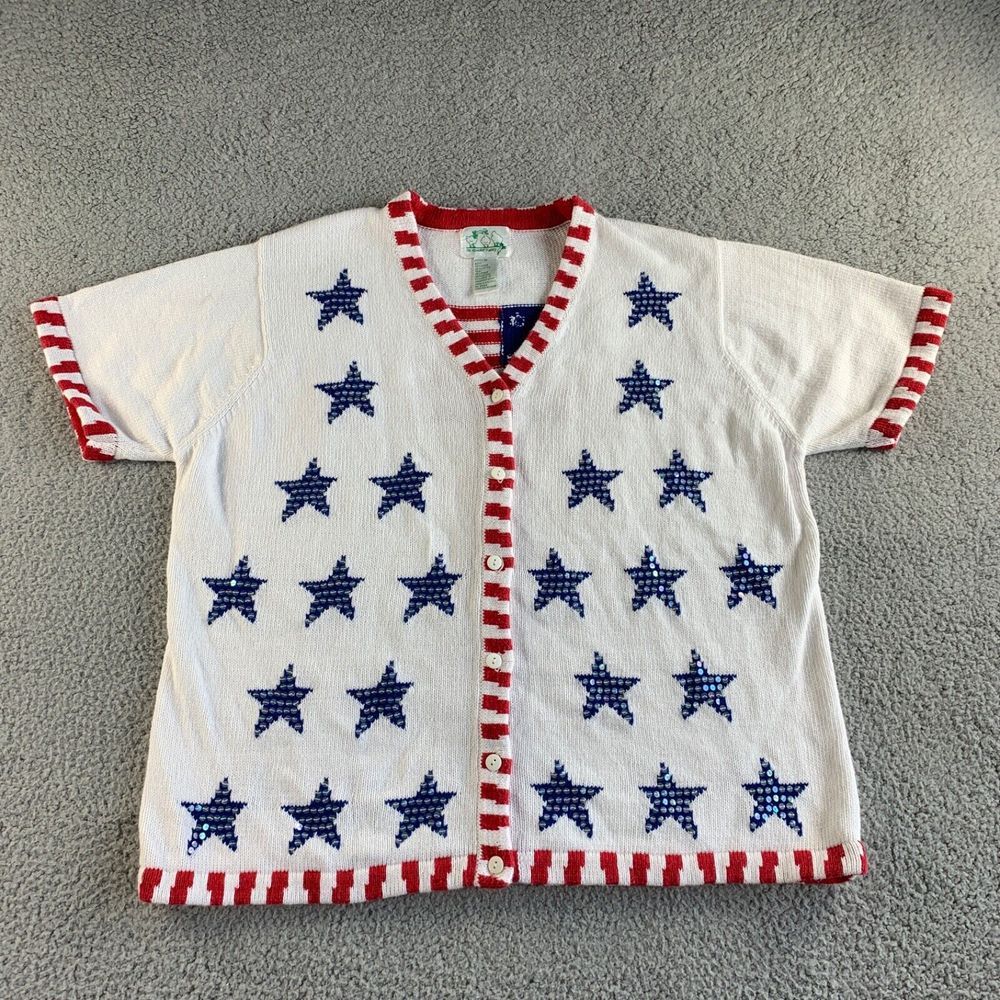 NEW‎ Vtg Quacker Factory Cardigan Sweater Womens Plus 1X White Red Blue US Flag